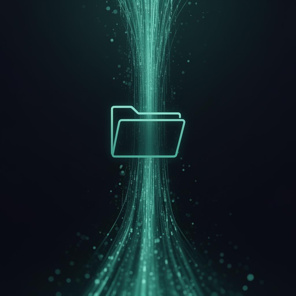 Glowing file-folder symbol in a data stream