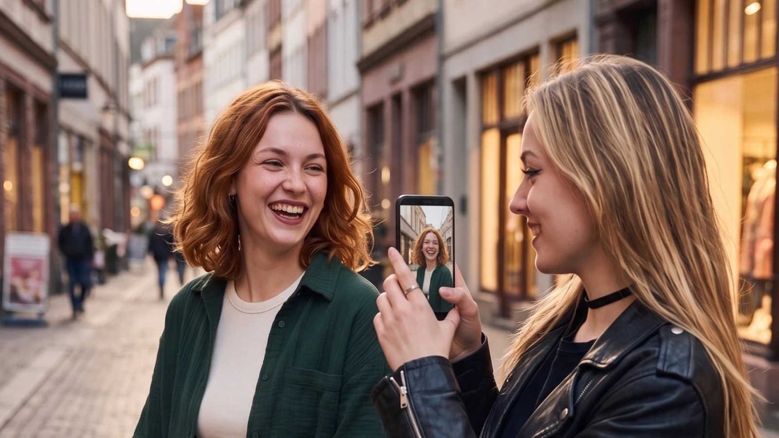 Romy Lind photographs her laughing friend Liv Falk on a warmly lit street