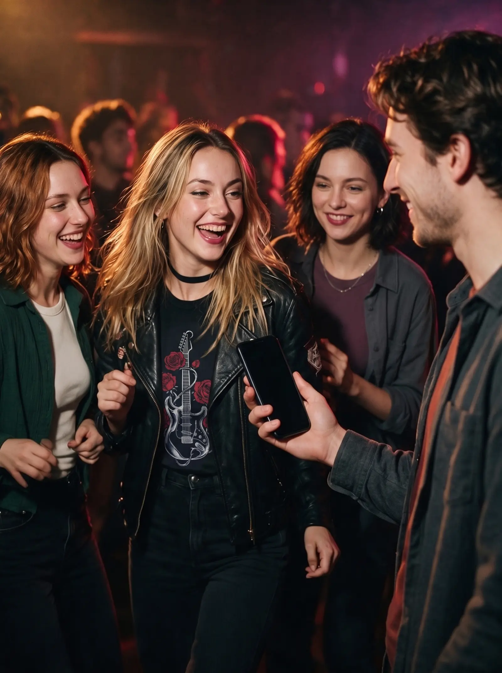 Romy Lind laughs while dancing with Liv Falk and Nora Berg as Theo Martin holds out his smartphone