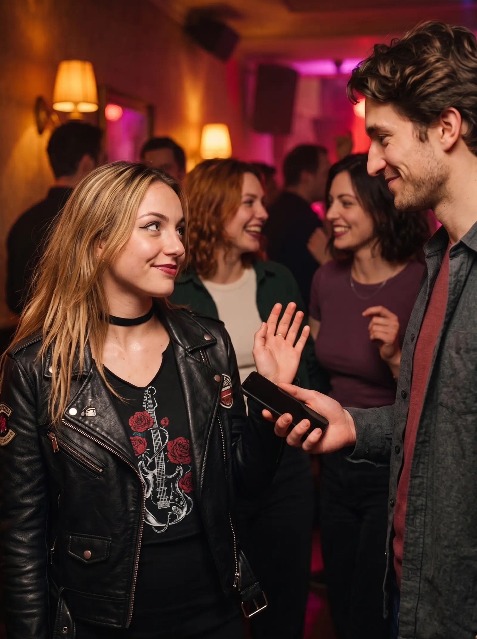 Romy Lind looks at Theo Martin as he holds out his smartphone and she decides whether to share her contact