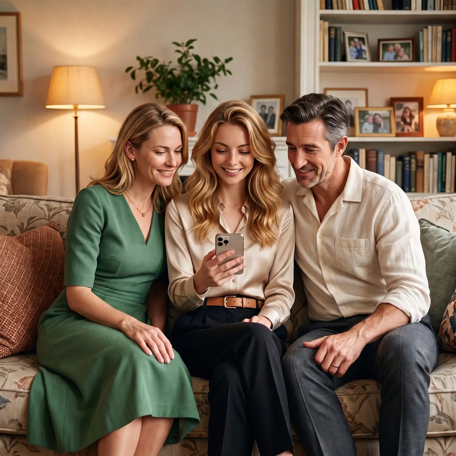 Romy Lind sitzt mit ihren Eltern Elena und Vincent auf dem Sofa und zeigt ihnen einen privaten Moment auf ihrem Telefon