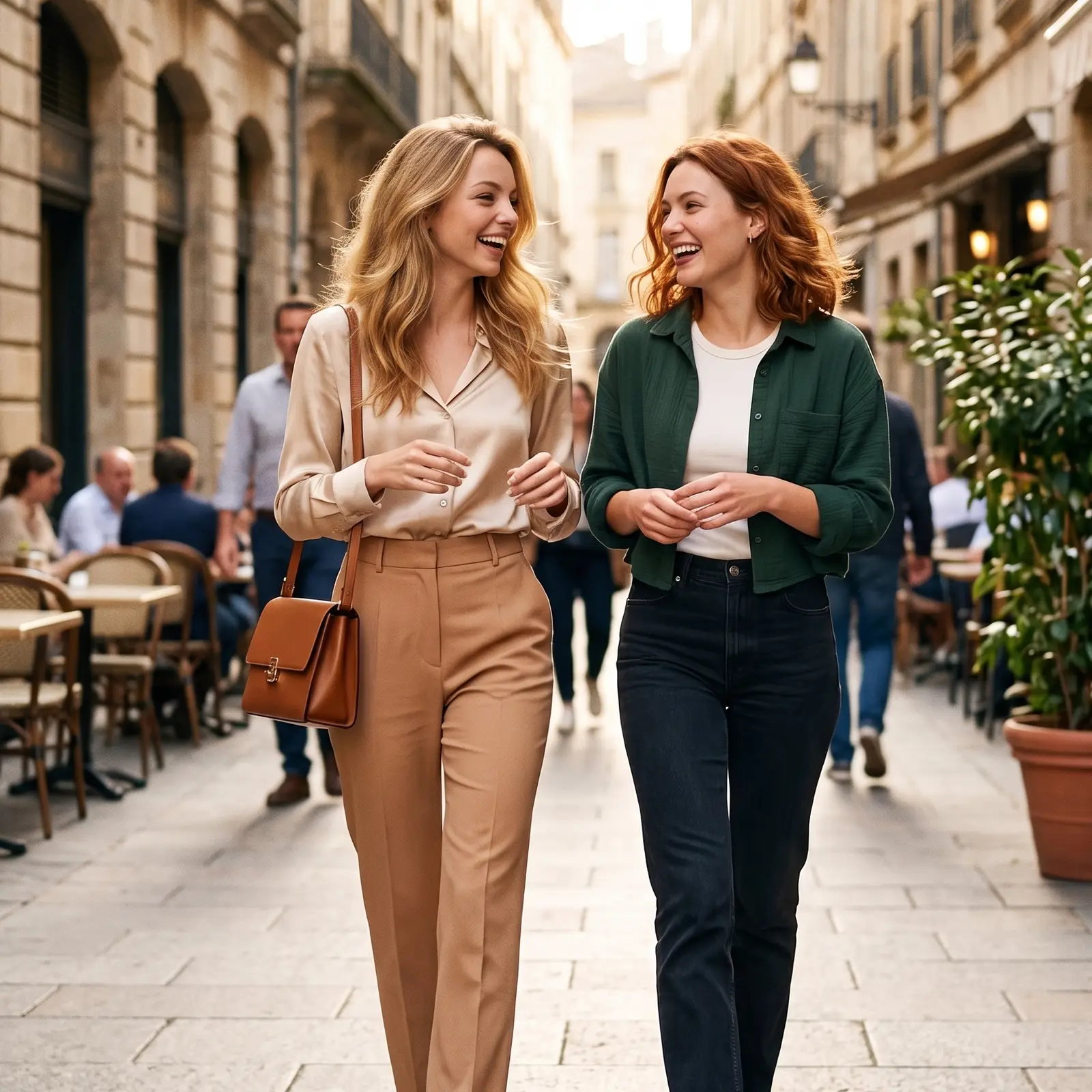 Romy Lind und ihre Freundin Liv Falk lachen gemeinsam auf einer hellen europäischen Straße