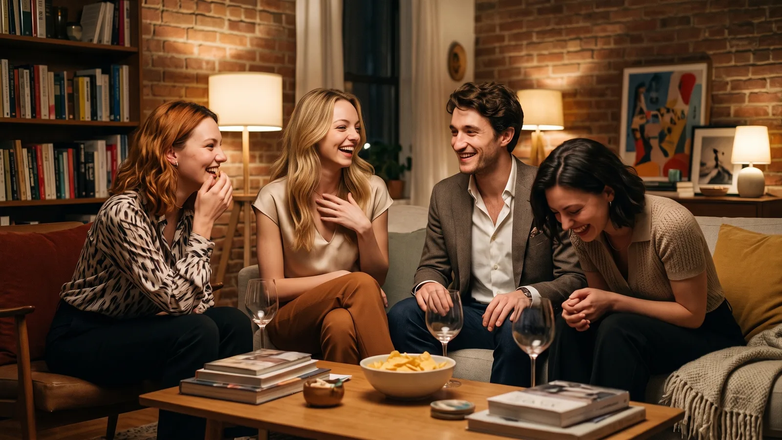 Romy Lind, Liv Falk, Nora Berg und Theo Martin lachen gemeinsam über einen privaten Moment
