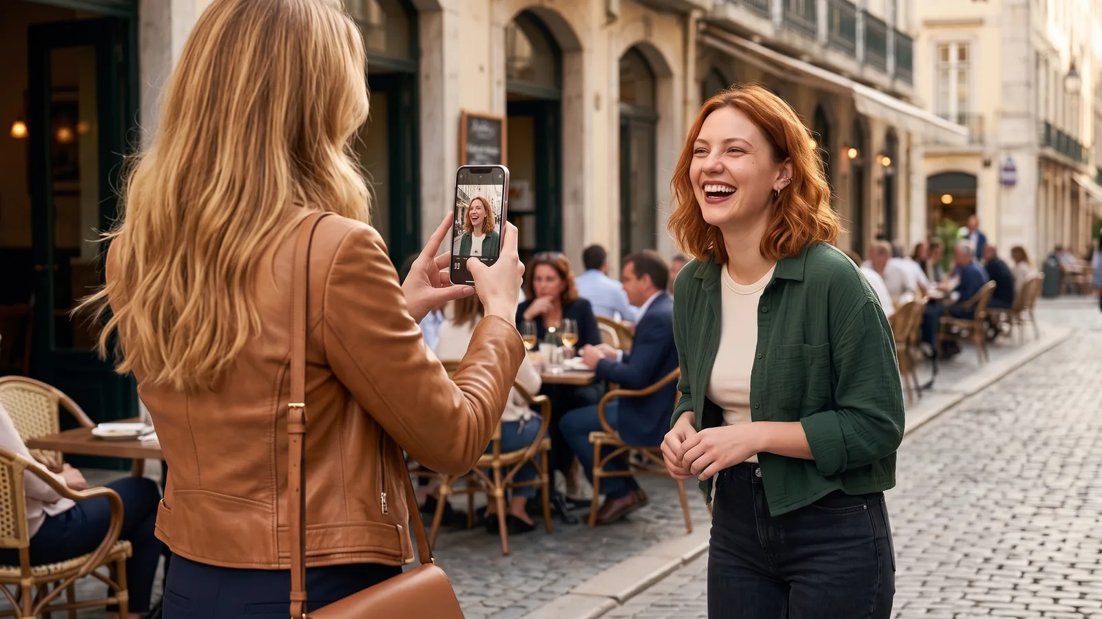 Romy Lind fotografiert ihre lachende Freundin Liv Falk auf einer warm beleuchteten Straße