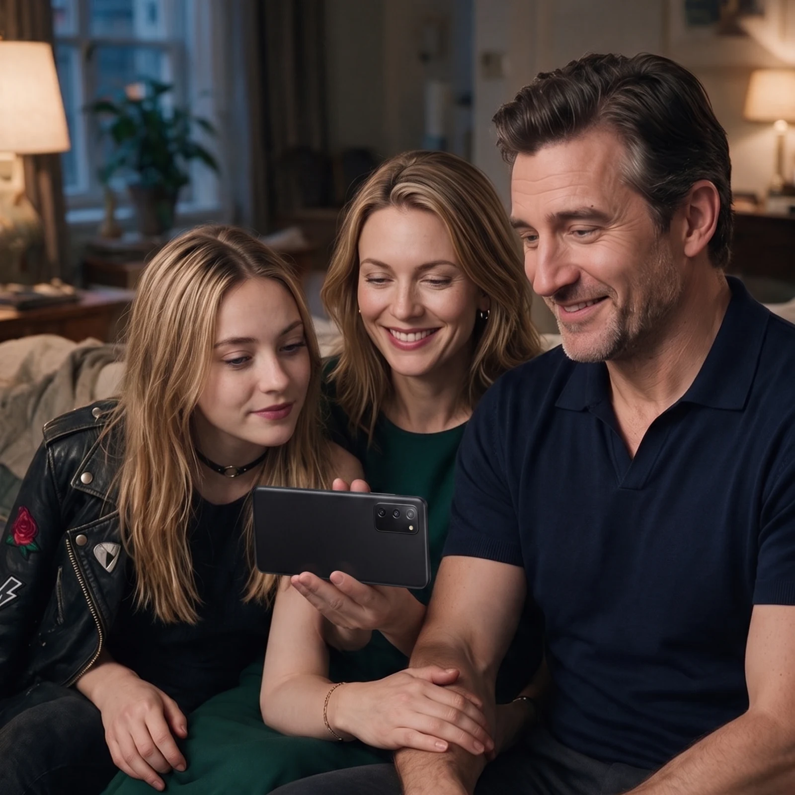 Romy Lind sits with her parents Elena and Vincent on the sofa and shows them a private moment on her phone