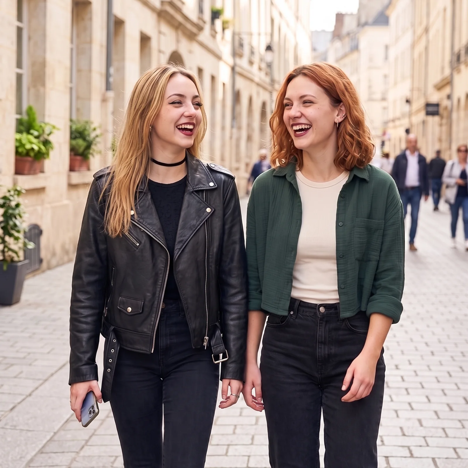 Romy Lind and her friend Liv Falk laugh together on a bright European street